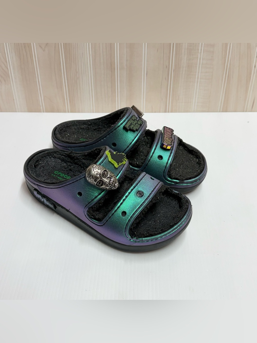 CROCS Iridescent Green-Purple Slide Sandals with Black Fuzzy Footbed